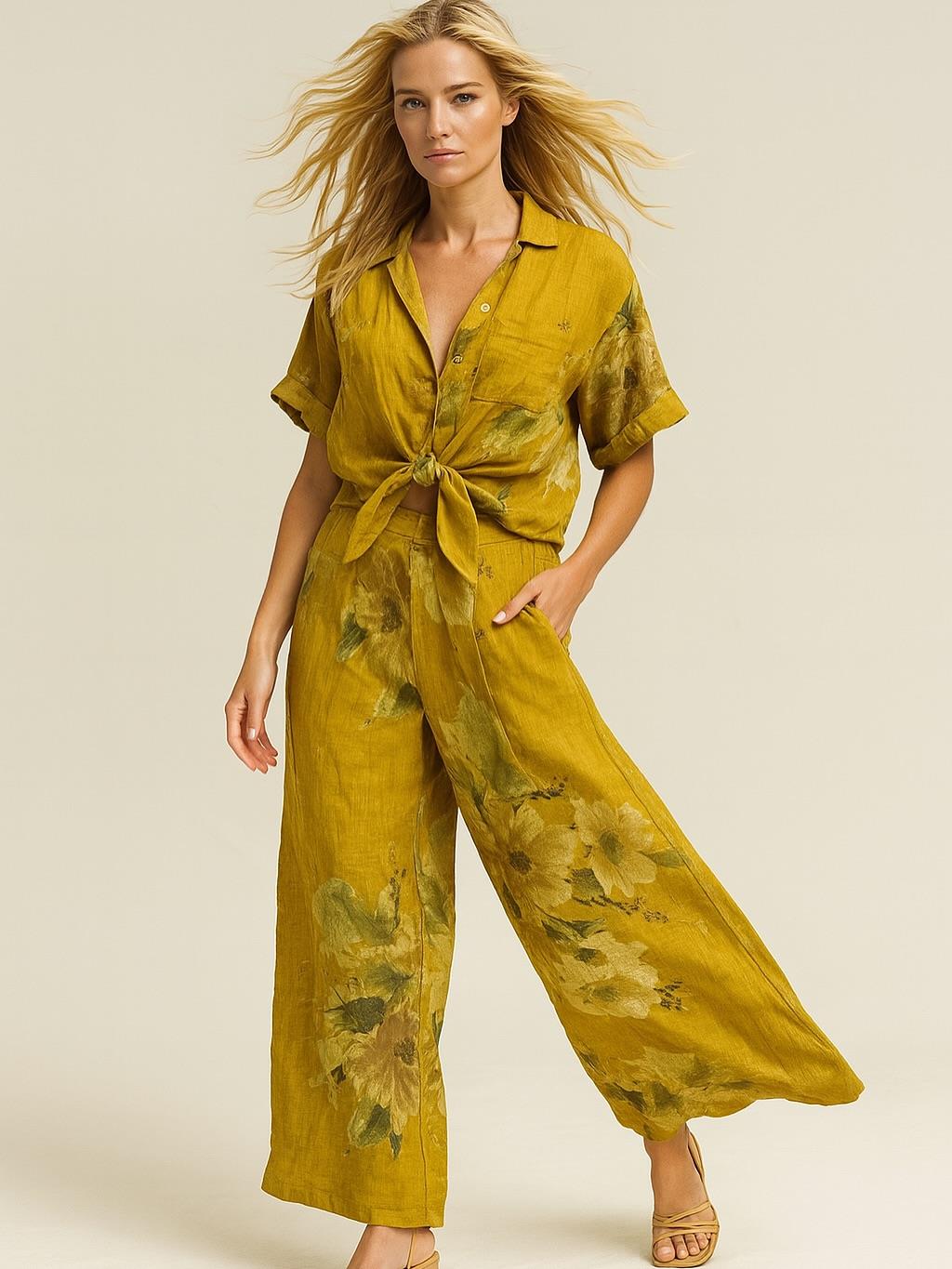 İtalyan Sırt Dantel Detaylı Keten Takım - SARI