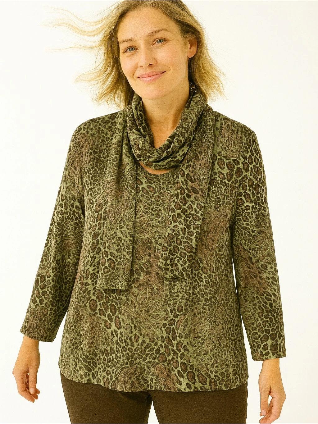 İtalyan Fularlı Likralı Triko Bluz - YEŞİL