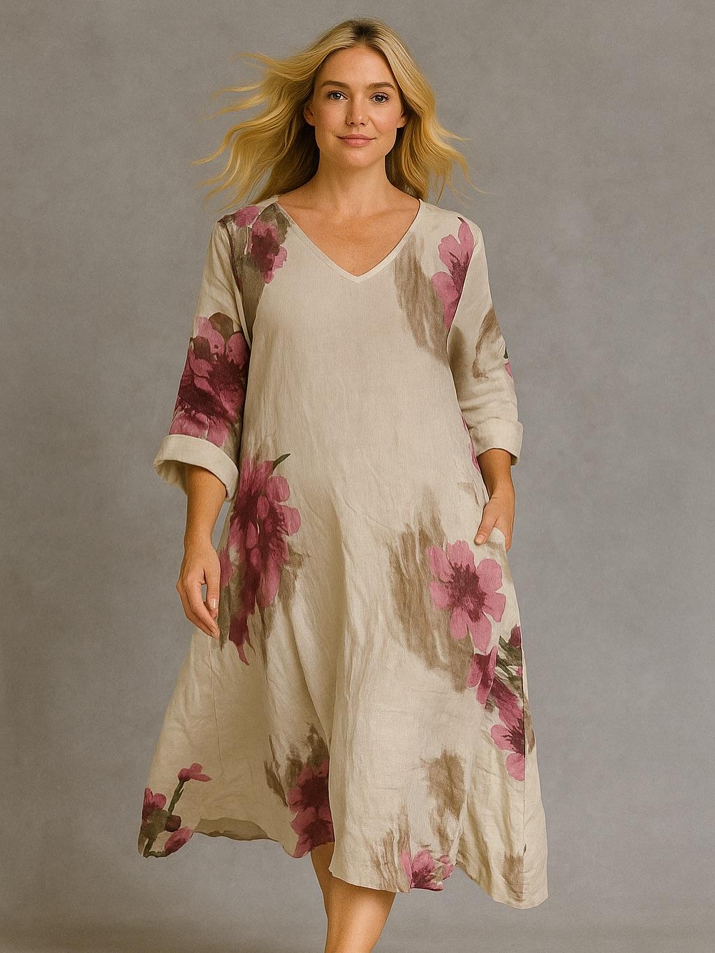 İtalyan Çiçek Desenli Keten Elbise - BEJ