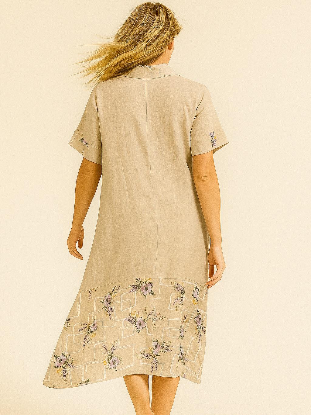 İtalyan Çiçek Desenli Keten Elbise - BEJ