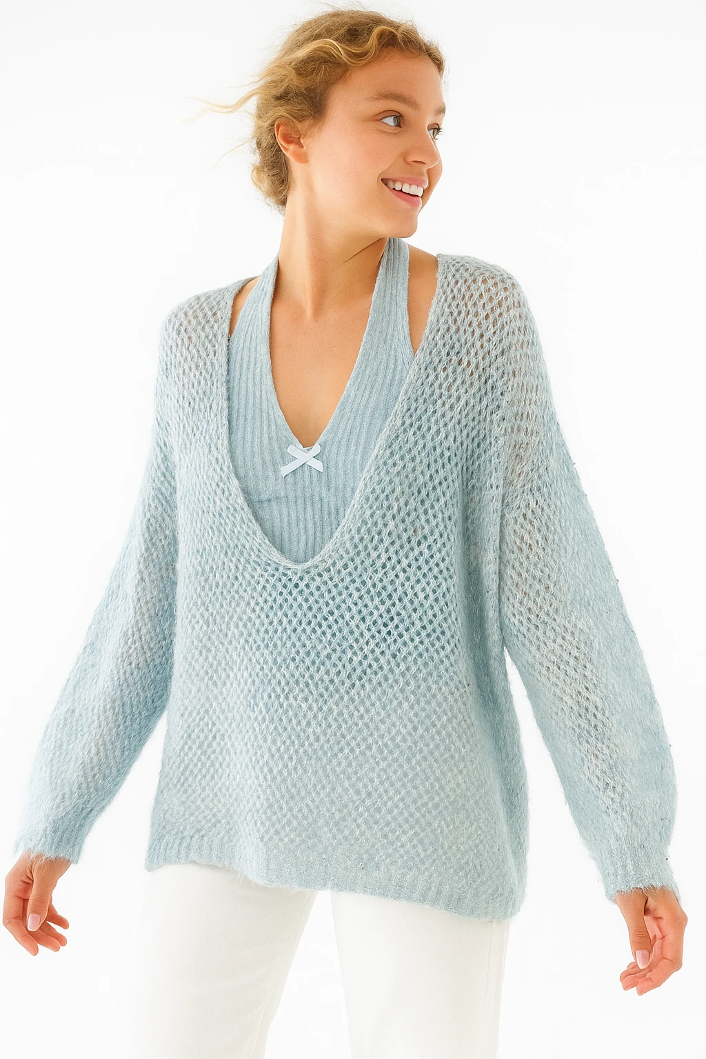 İtalyan İkili Triko Takım Bluz - MAVİ