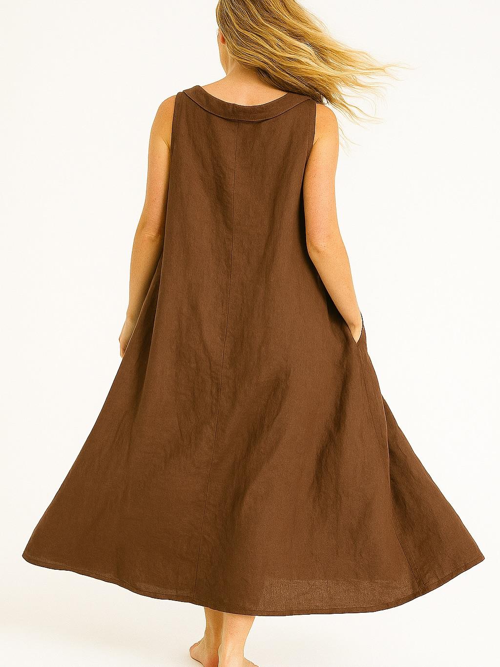 İtalyan Yaka Detaylı Keten Elbise - KAHVERENGİ