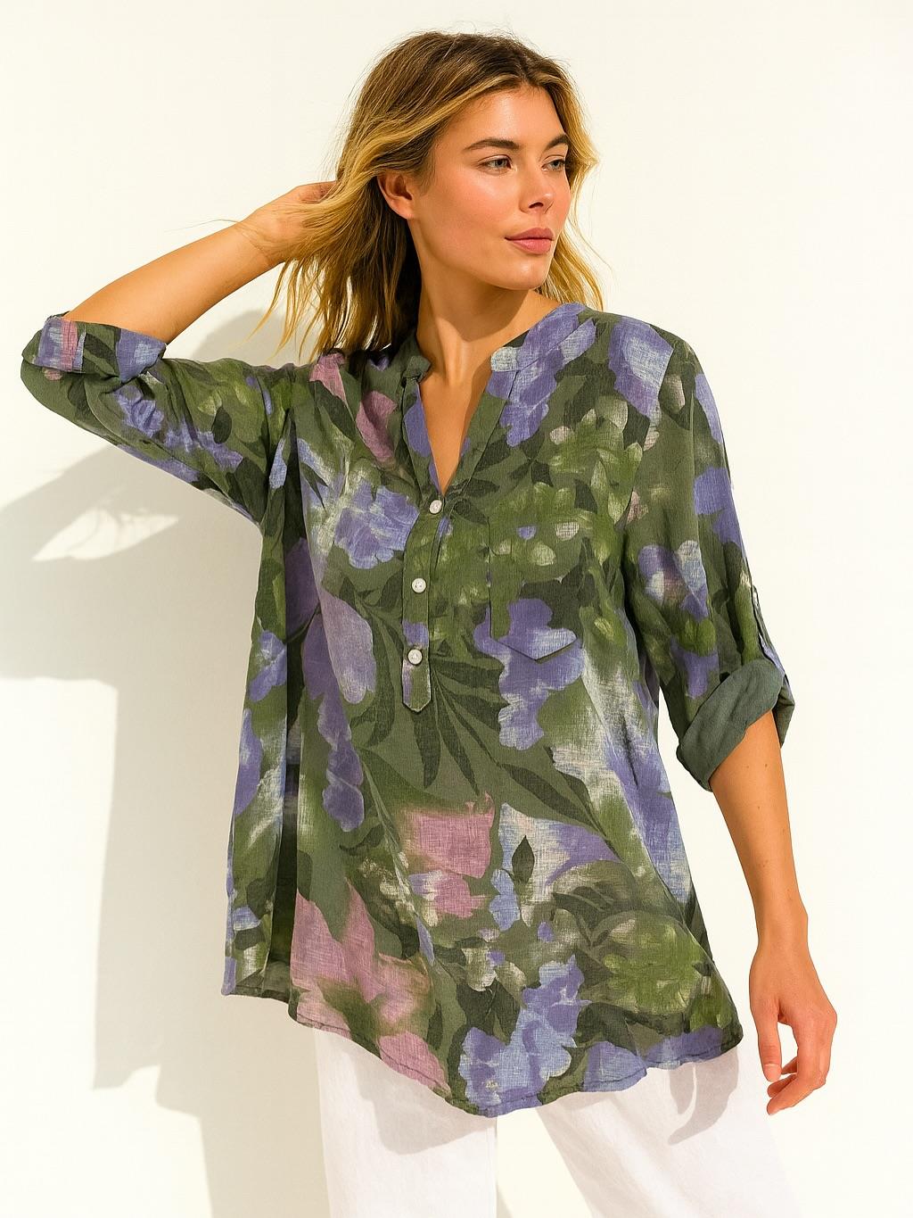 İtalyan Pamuk Keten Gömlek - HAKİ