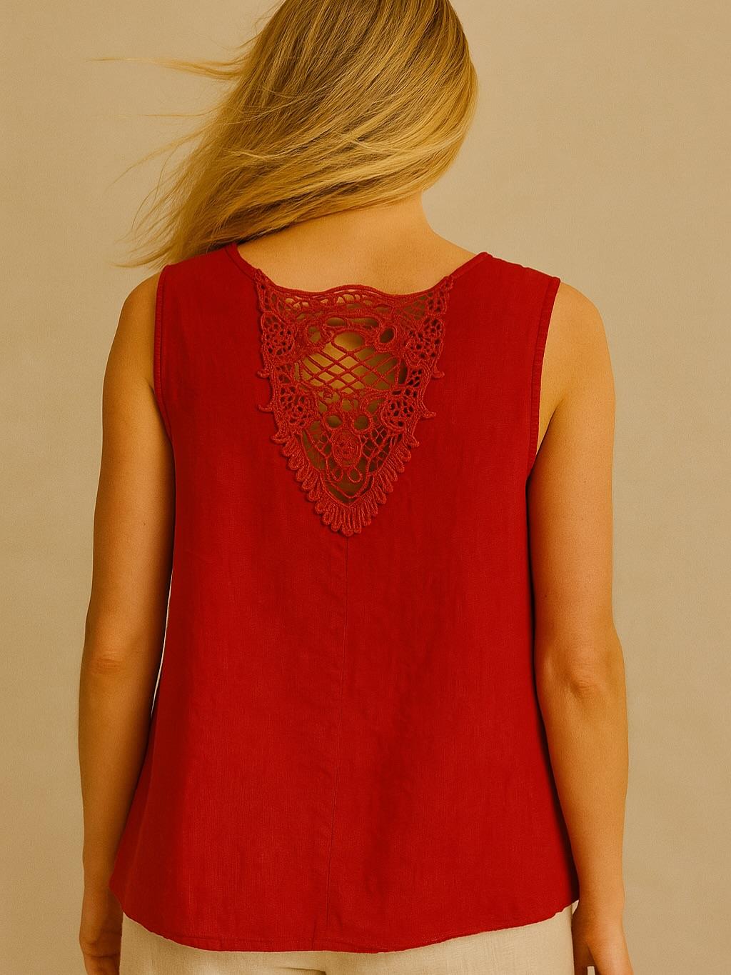 İtalyan Sırt Dantel Detaylı Keten Bluz - KIRMIZI
