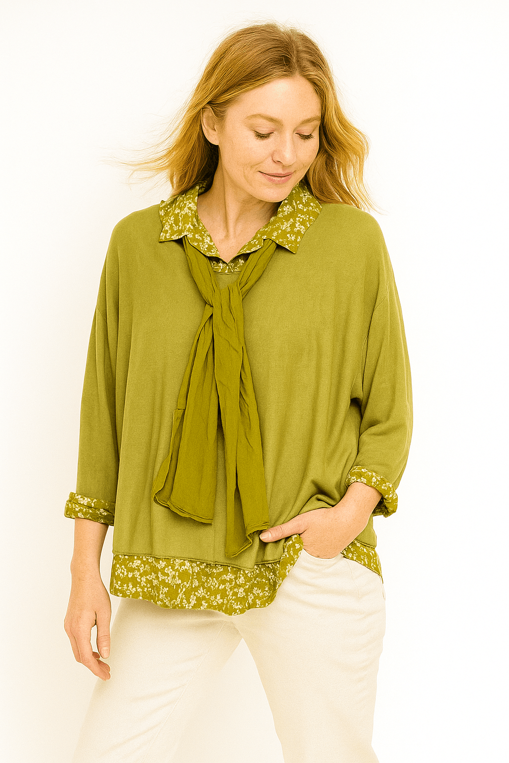 İtalyan Fularlı 3'lü Takım Bluz - YAĞ YEŞİLİ