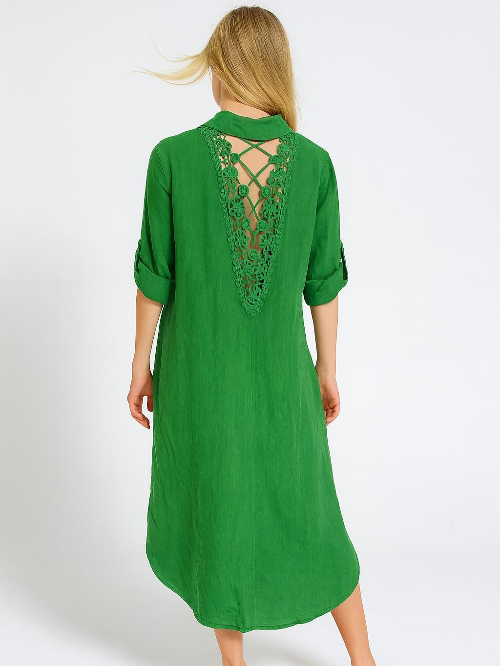 İtalyan Keten Sırtı Dantelli Elbise - YEŞİL