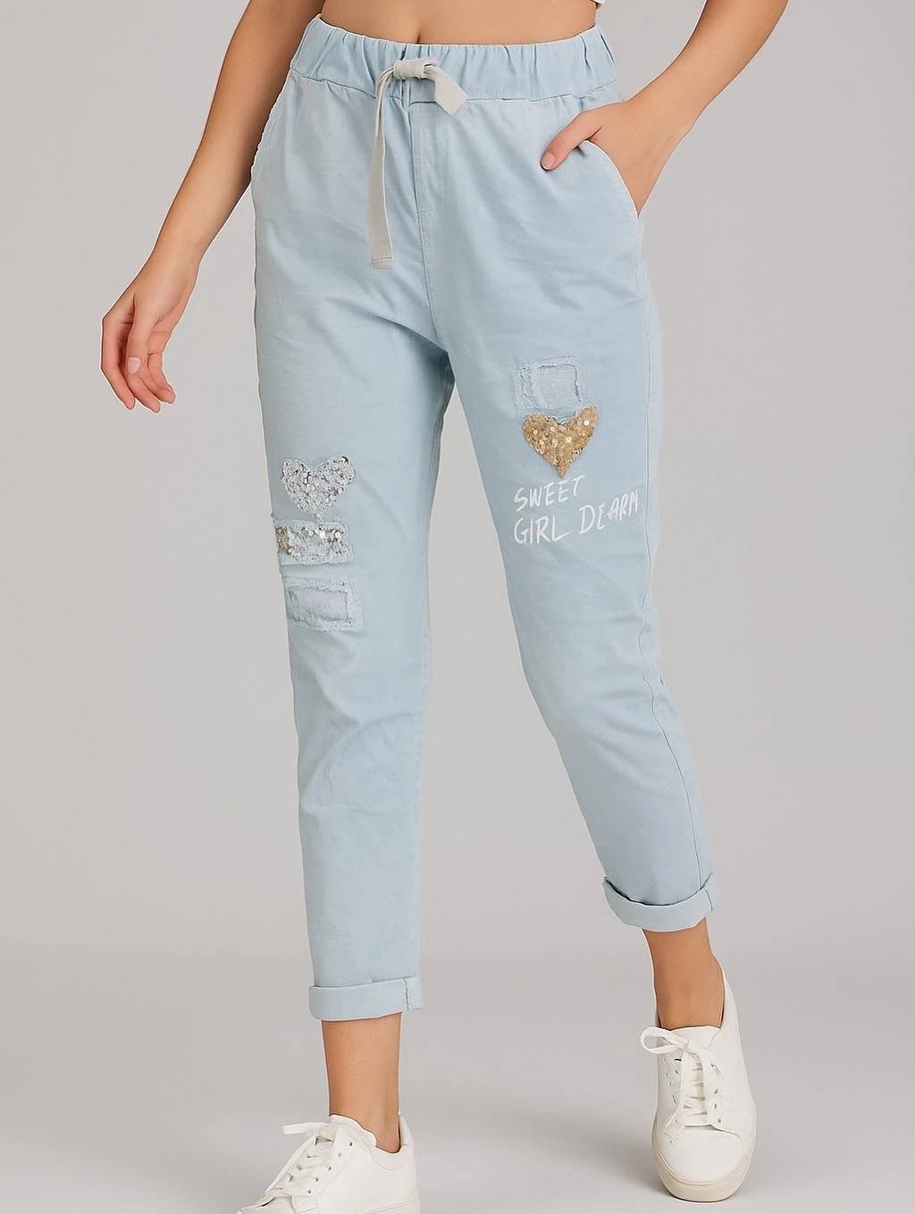 İtalyan Pul Payet Kalp Detaylı Likralı Pantolon - BEBE MAVİSİ