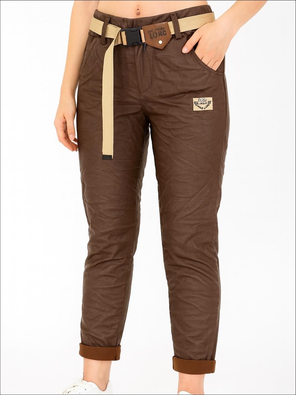 İtalyan Likralı Kemerli Deri Pantolon - KAHVERENGİ