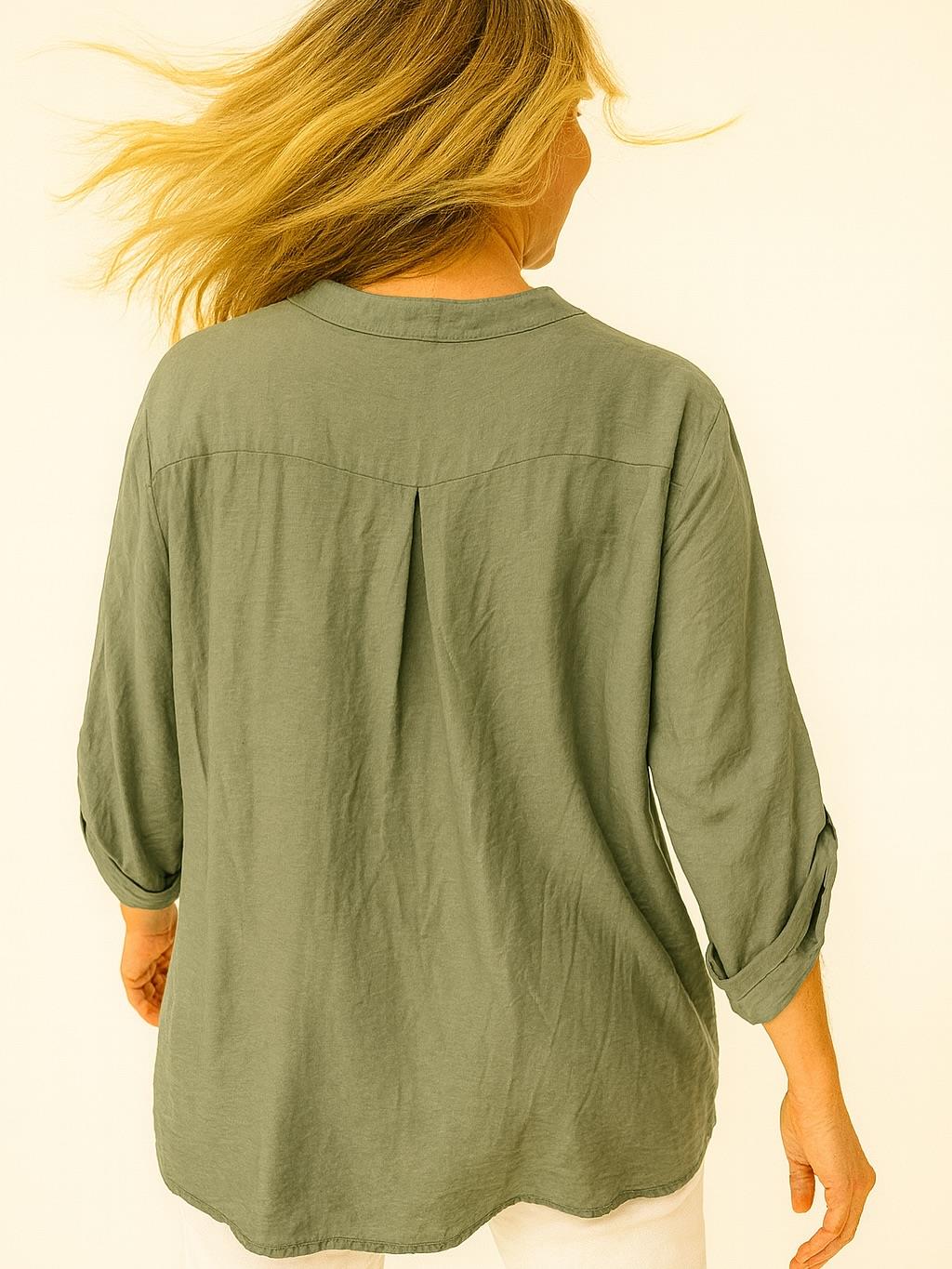 İtalyan Keten Varak Baskılı Bluz - HAKİ