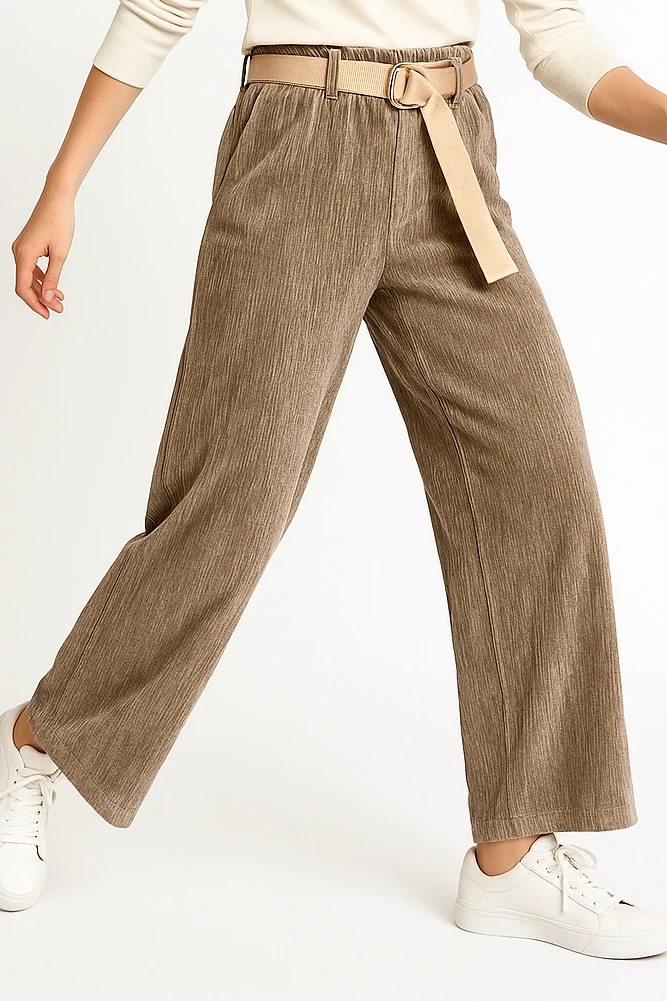 İtalyan Kadife Boru Paça Kemerli Pantolon - VİZON