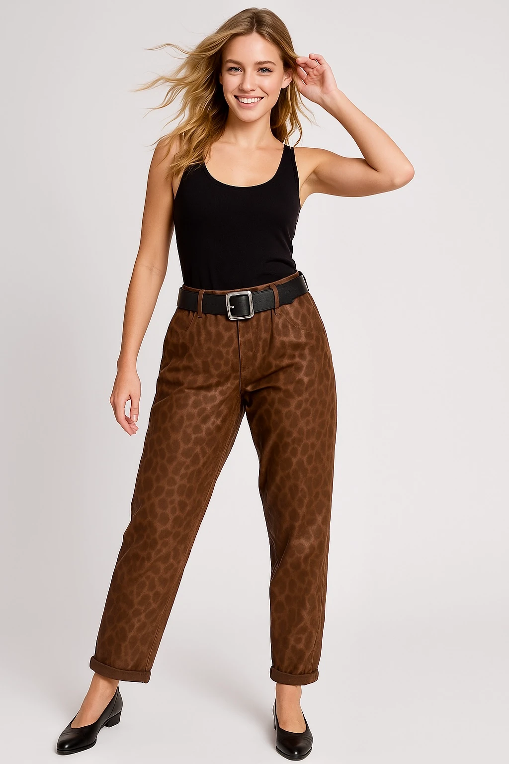 İtalyan Kemer Detaylı Leopar Desenli Pantolon - KAHVERENGİ