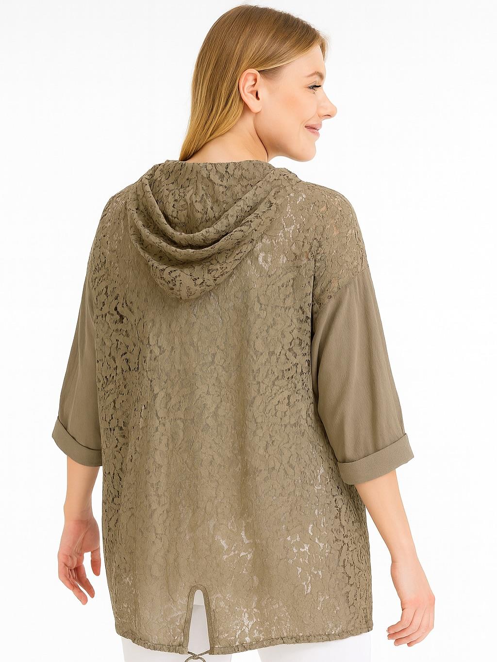 İtalyan Keten Dantel Detaylı Kapüşonlu Ceket - VİZON