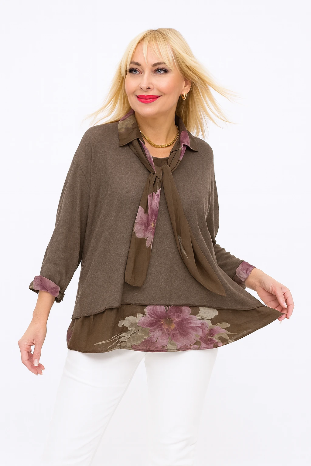 İtalyan Fularlı 3'lü Takım Bluz - KAHVERENGİ