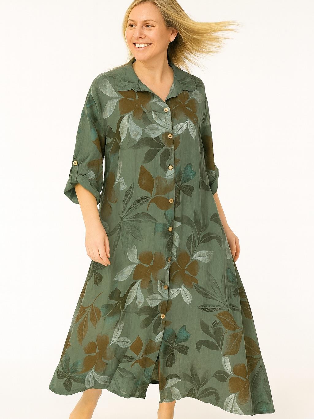 İtalyan Keten Yaprak Desenli Elbise - HAKİ