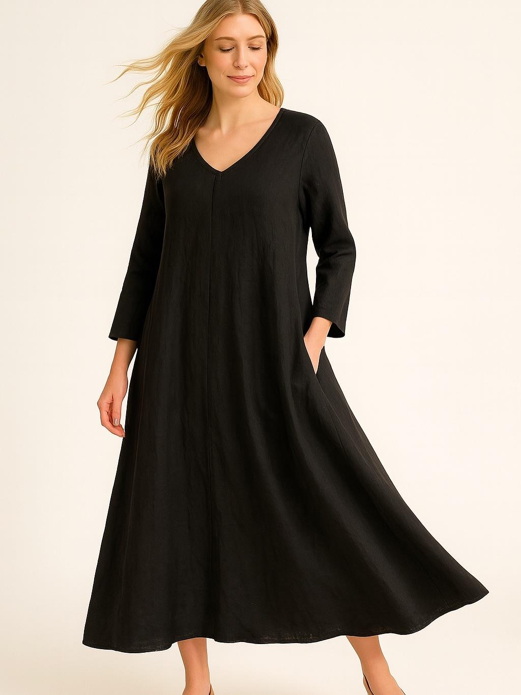 İtalyan Keten V Yaka Elbise - SİYAH