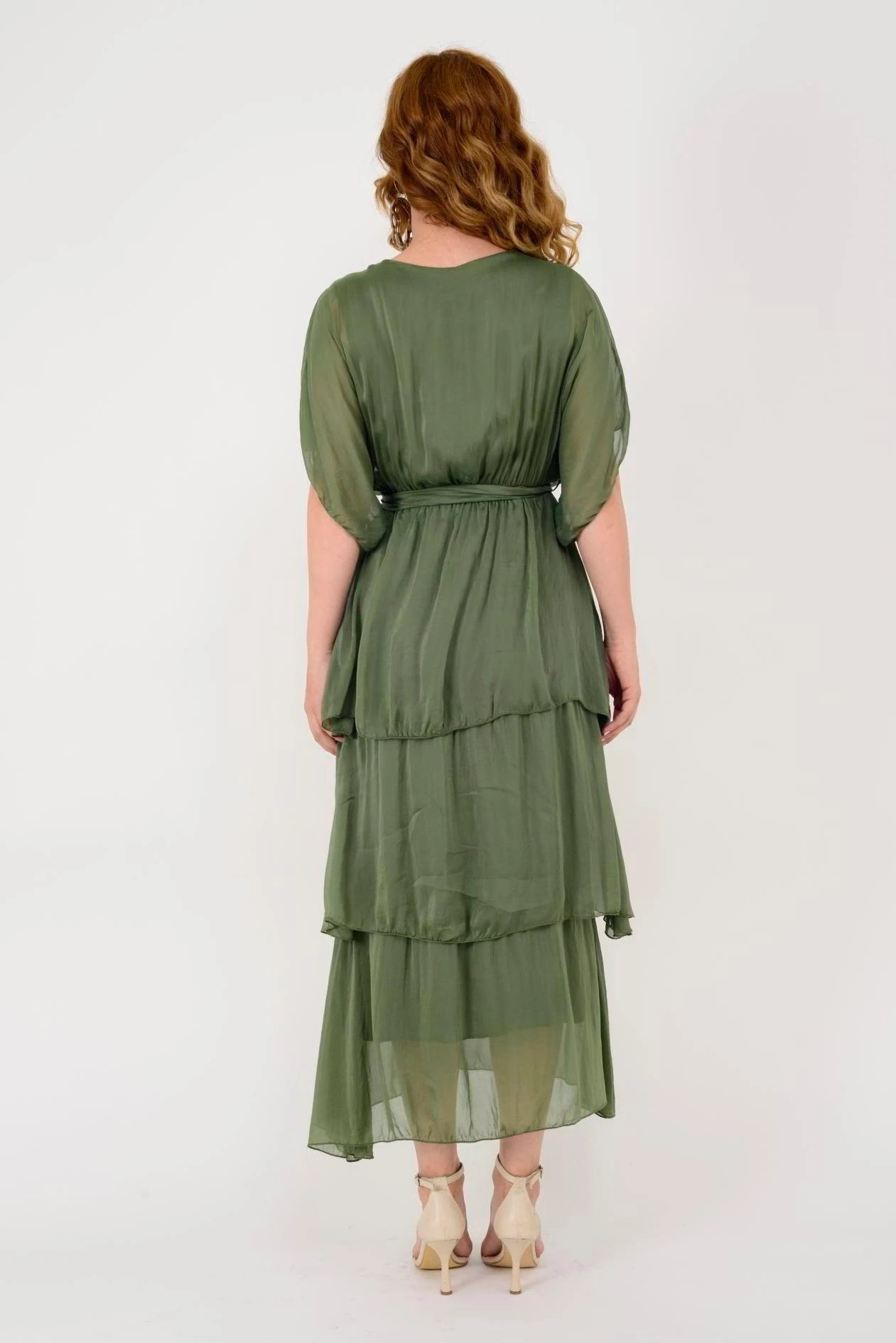 İtalyan İpek Belden Bağlamalı Elbise - HAKİ