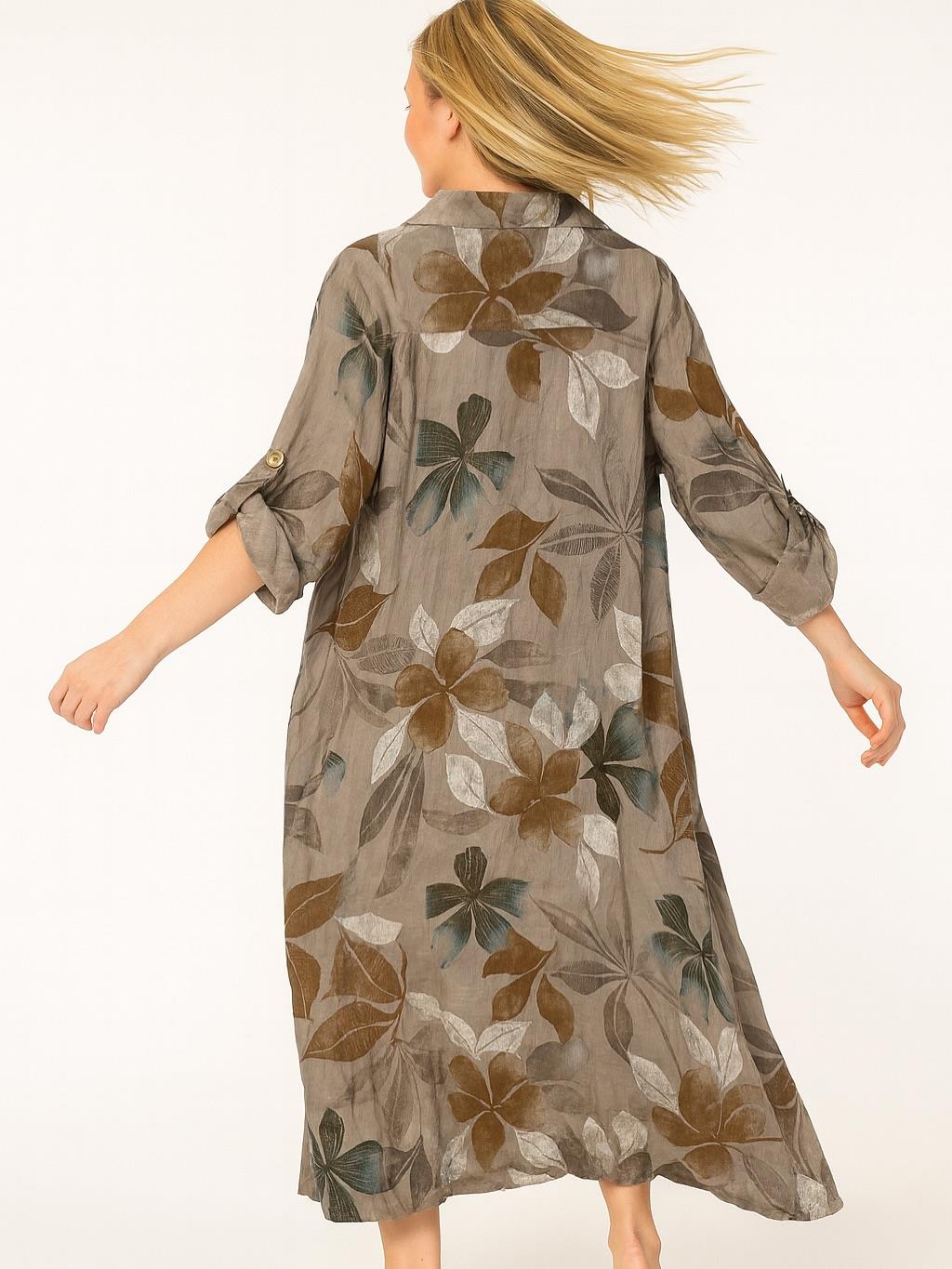 İtalyan Keten Yaprak Desenli Elbise - VİZON