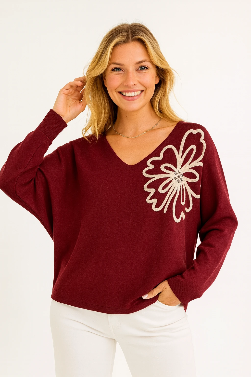 İtalyan V Yaka Desenli Kazak - BORDO