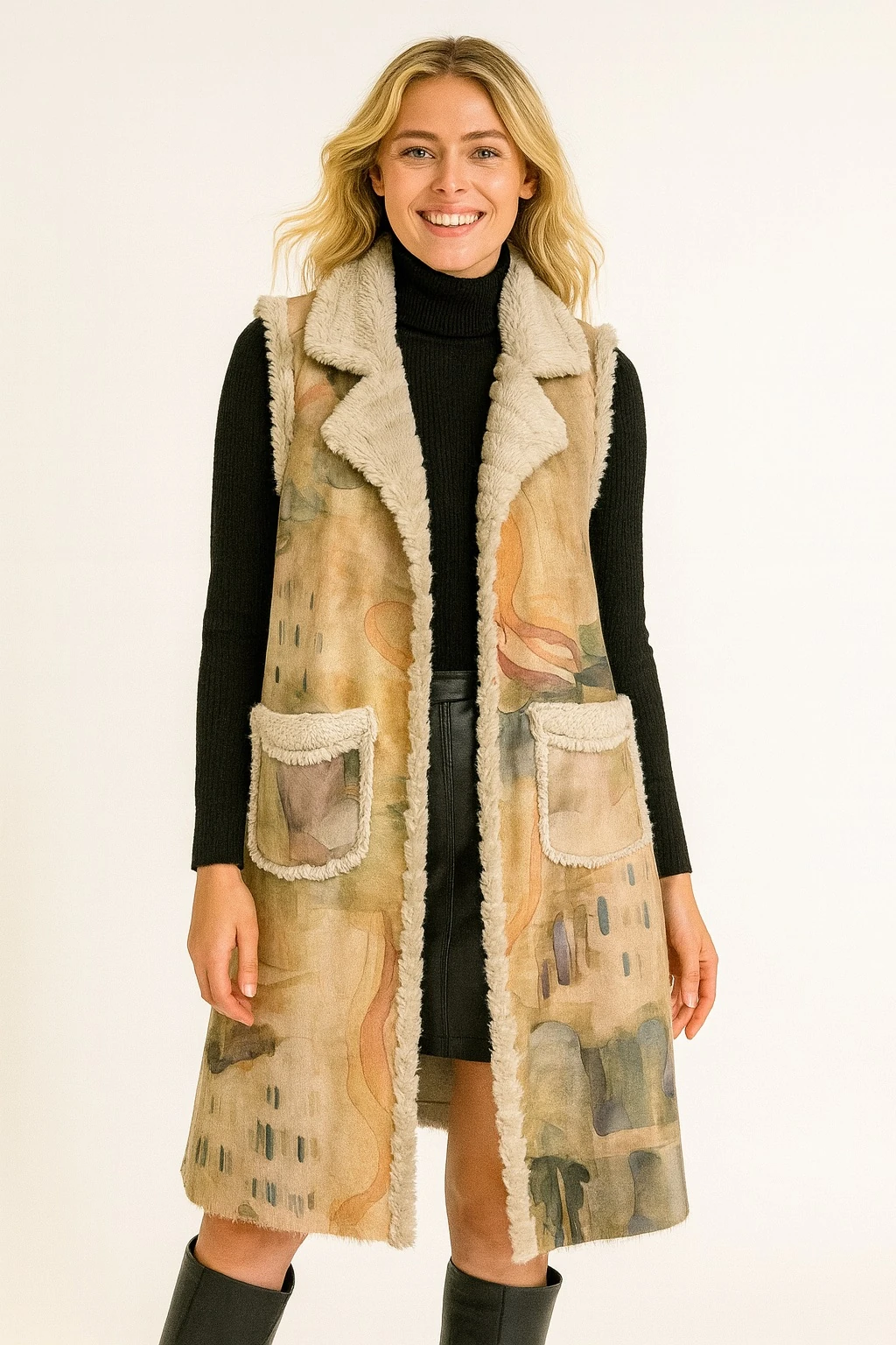 İtalyan Fırça Desen Nubuk Yelek - BEJ