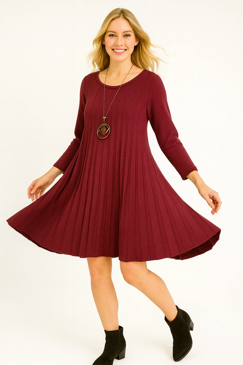 İtalyan Pileli Triko Elbise - BORDO