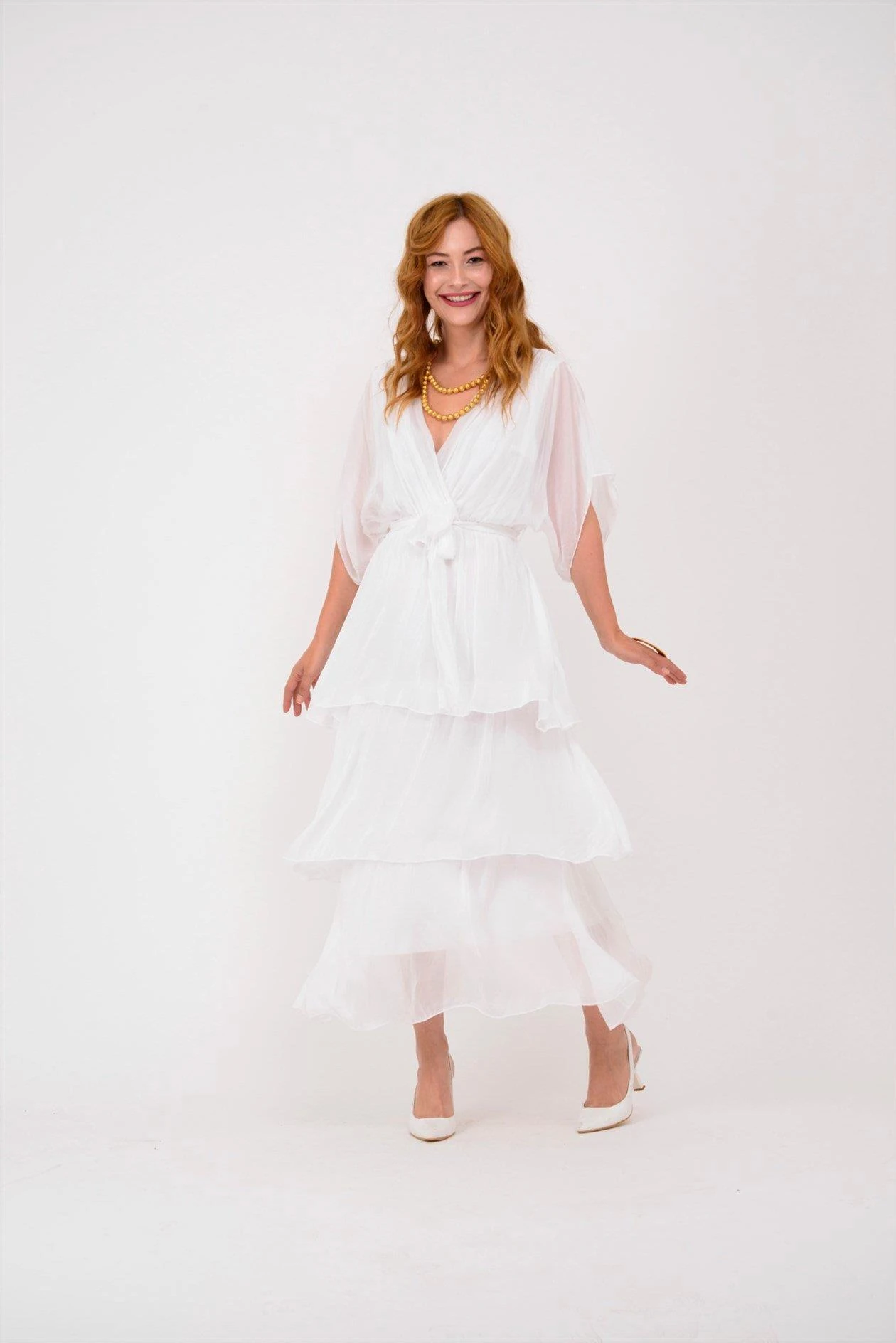 İtalyan İpek Belden Bağlamalı Elbise - BEYAZ