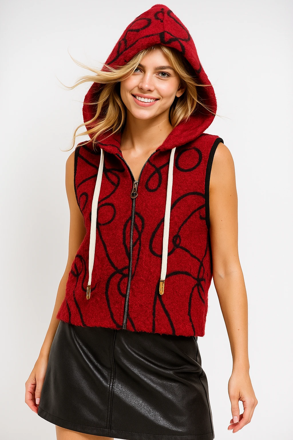 İtalyan Nakış Detaylı Kapüşonlu Keçe Yelek - KIRMIZI