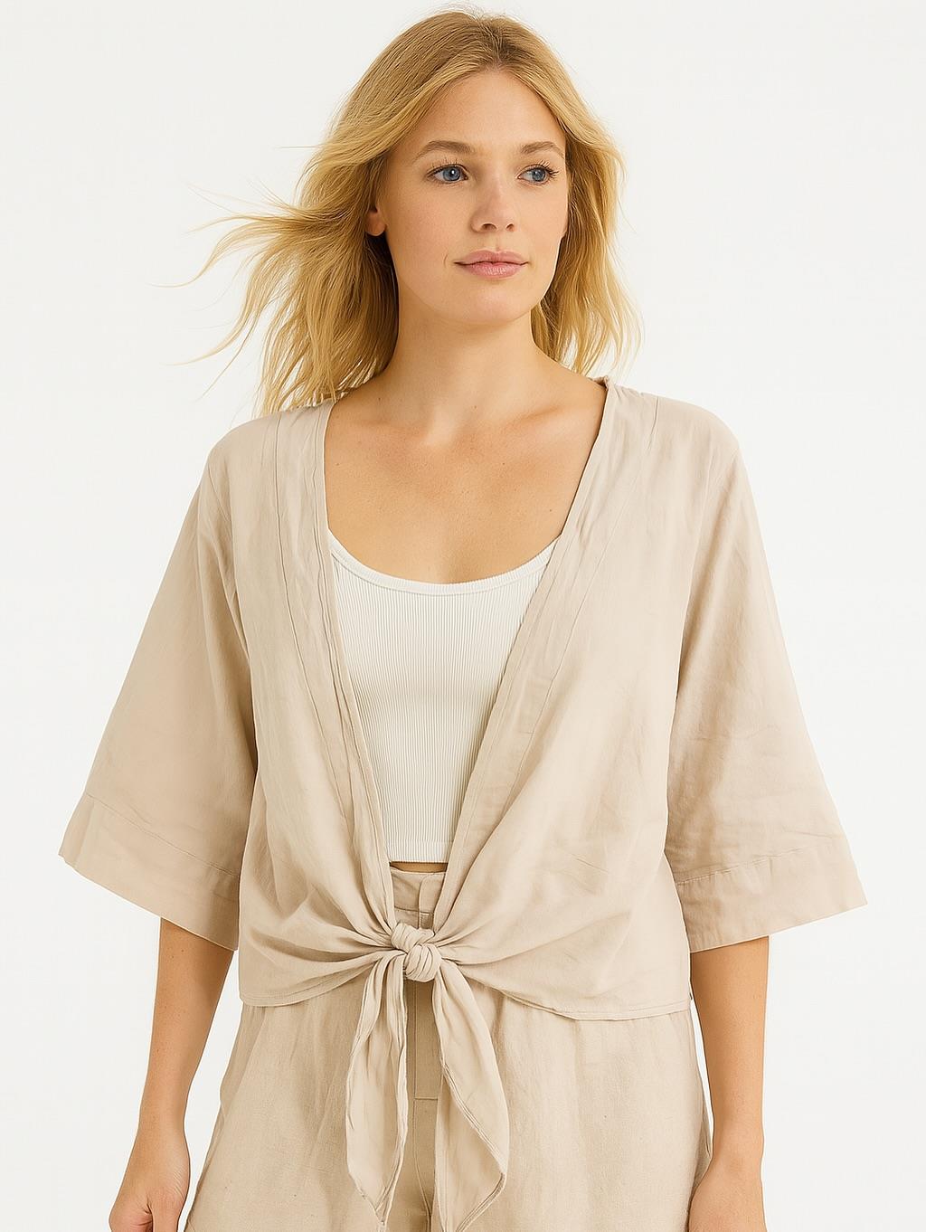 İtalyan Vual Pamuklu Kumaş Önden Bağlamalı Bluz - BEJ