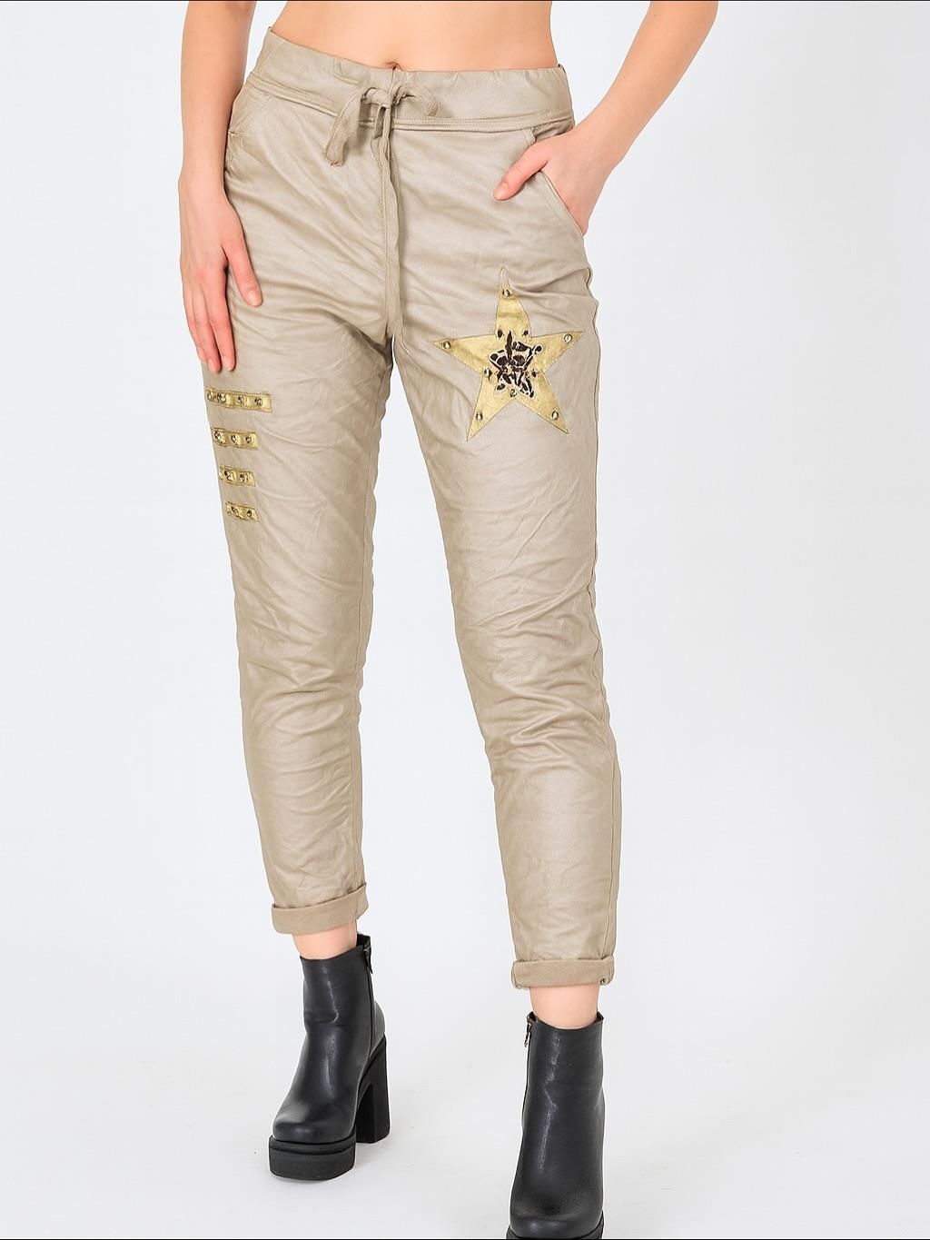 İtalyan Likralı Yıldız Detaylı Deri Pantolon - BEJ