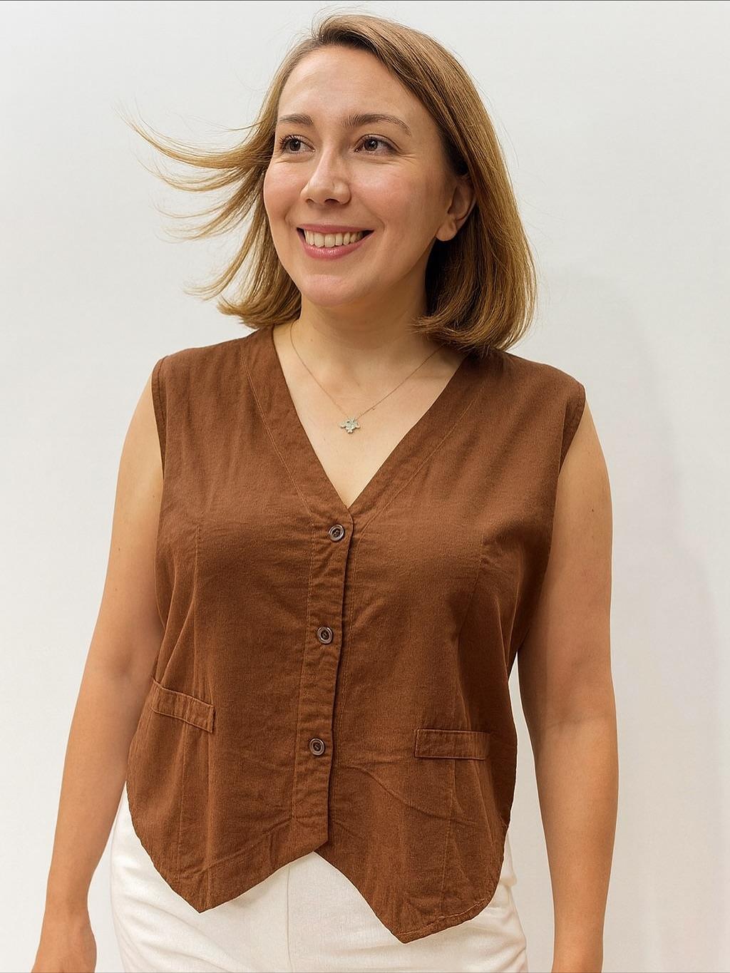 İtalyan Kadife Yelek - AÇIK KAHVE