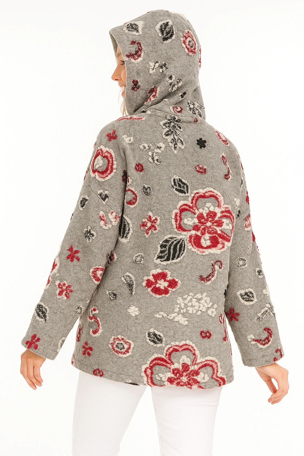 İtalyan Çiçek Tasarımlı Kapüşonlu Keçe Kaban - GRİ