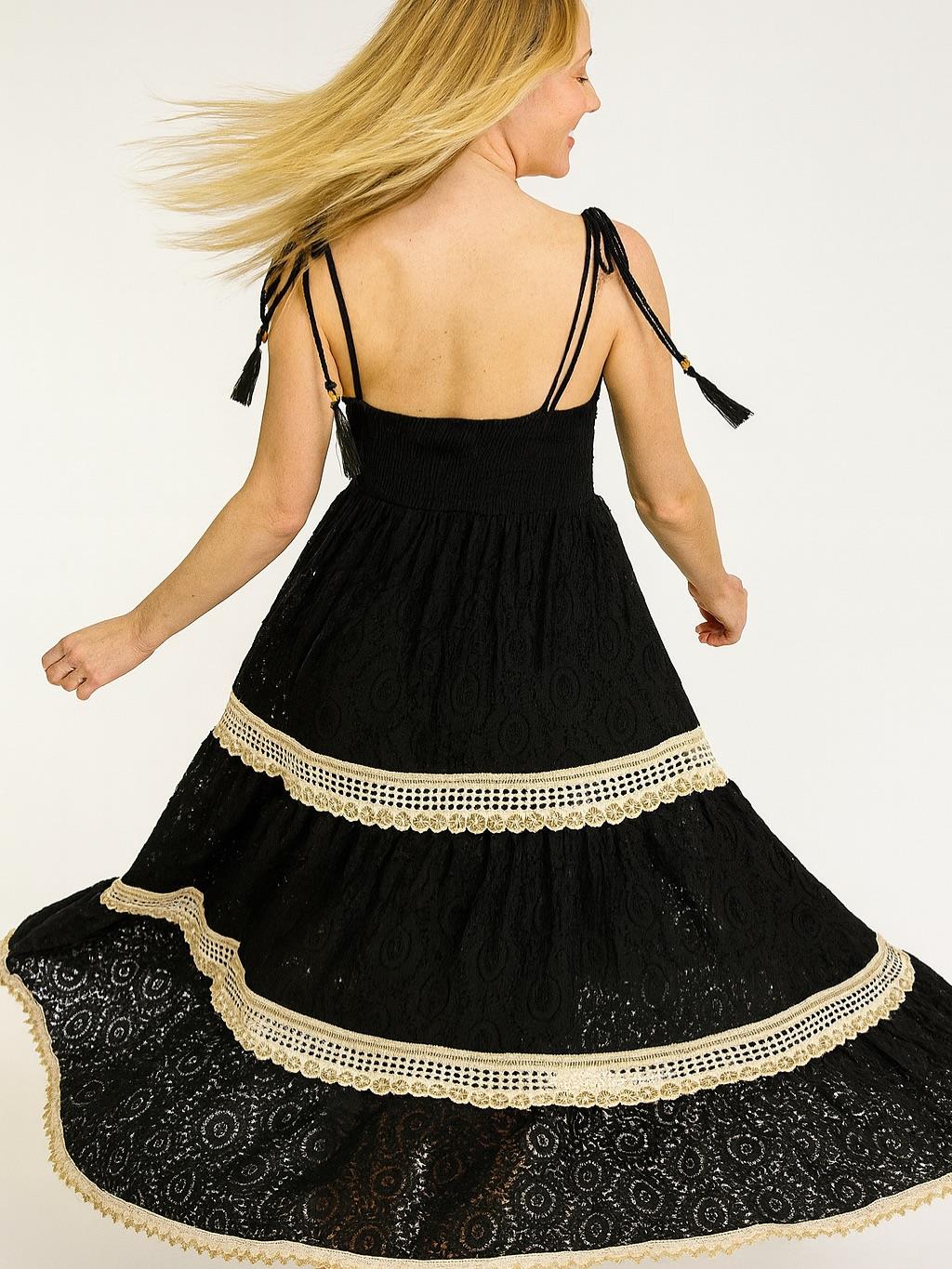 İtalyan Dantel Omuzdan Bağlamalı Elbise - SİYAH