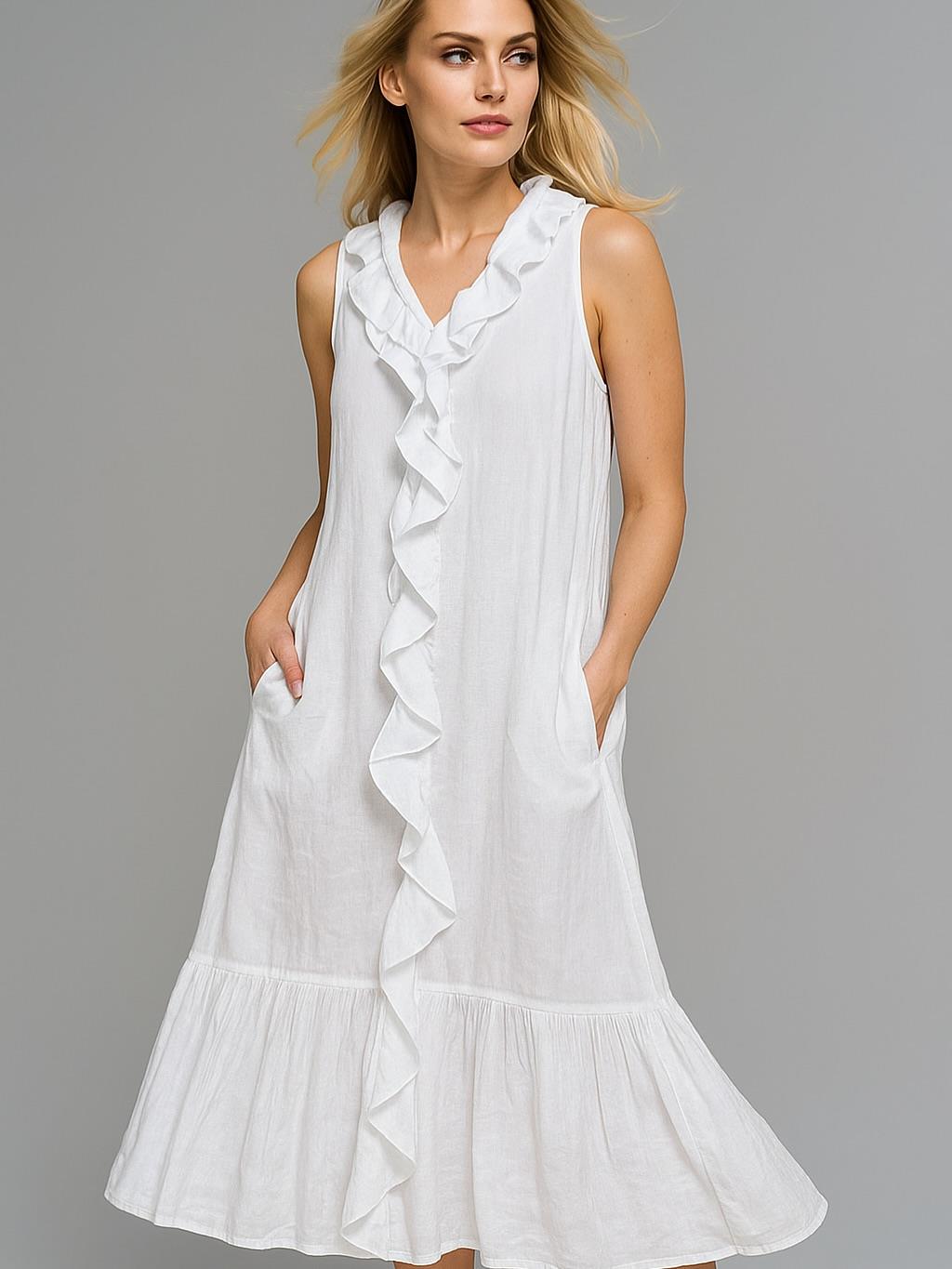 İtalyan Fırfır Detaylı Keten Elbise - BEYAZ