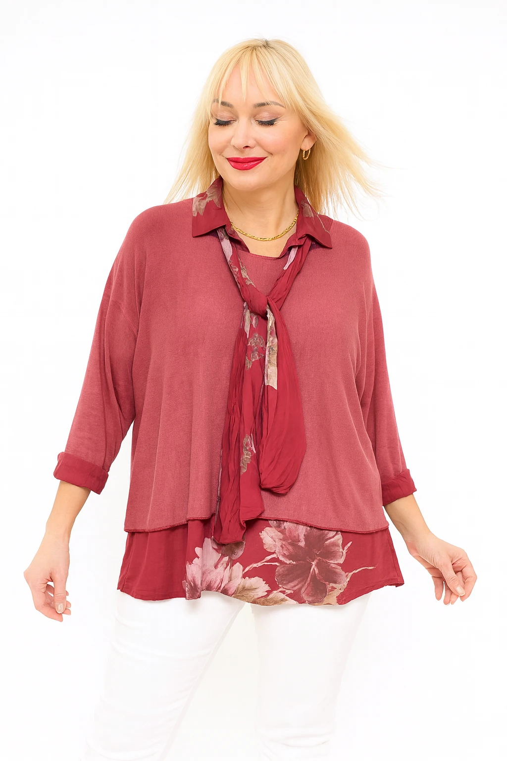 İtalyan Fularlı 3'lü Takım Bluz - BORDO