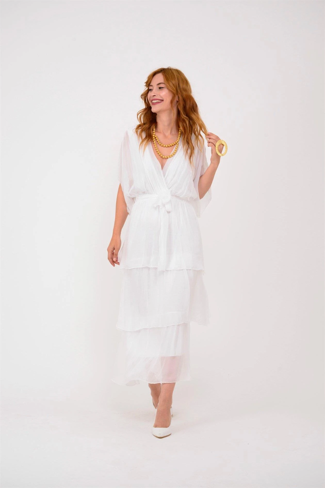 İtalyan İpek Belden Bağlamalı Elbise - BEYAZ