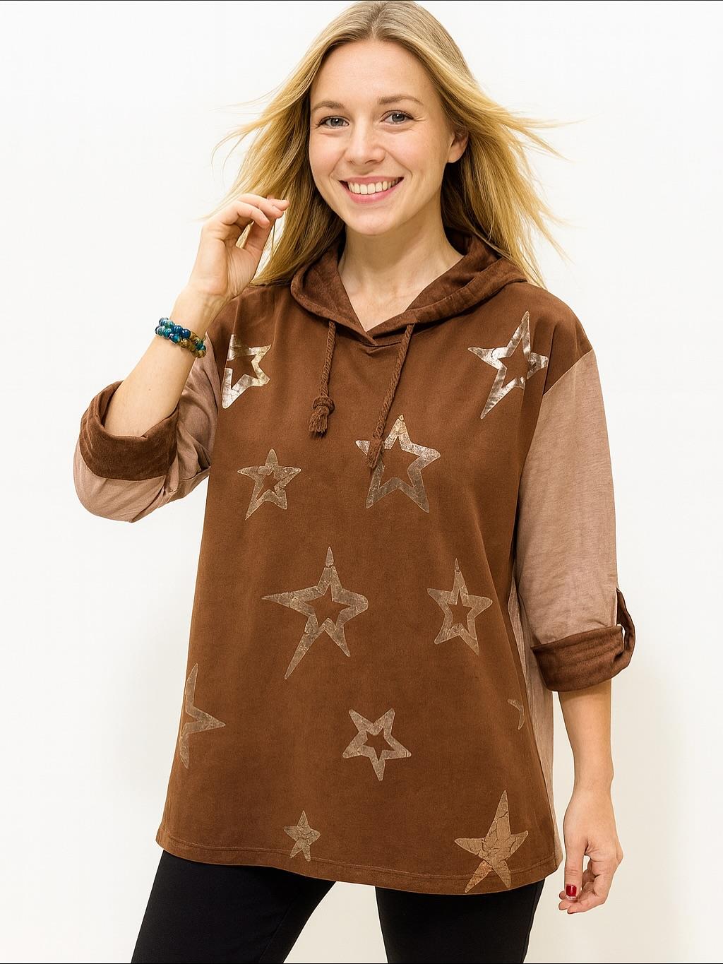 İtalyan Yıldız Desen Nubuk Bluz - KOYU KAHVE