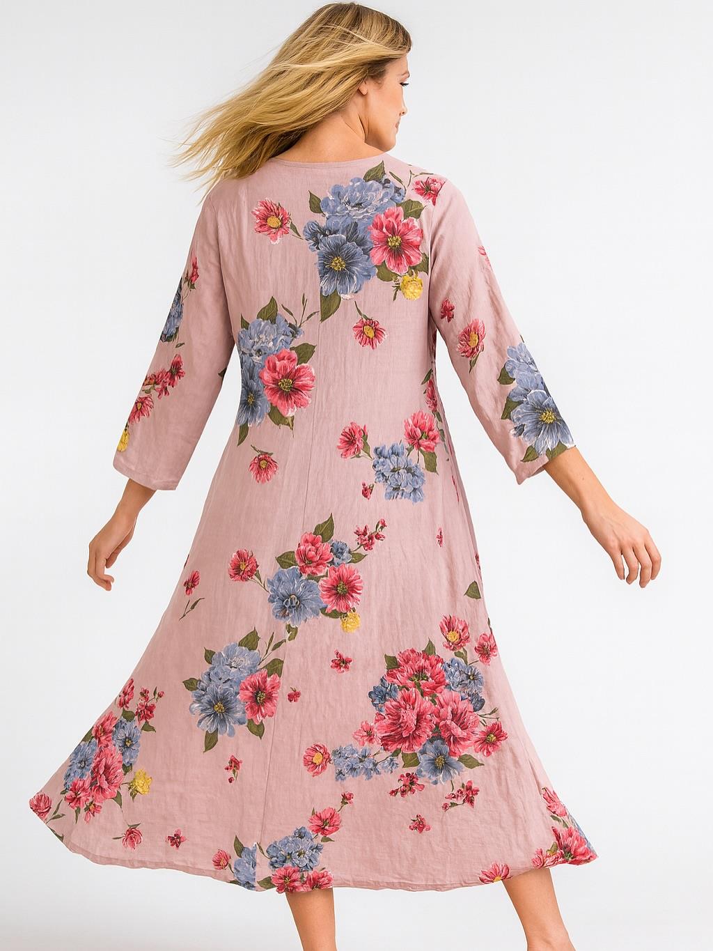 İtalyan Keten Çiçek Desenli Elbise - PUDRA