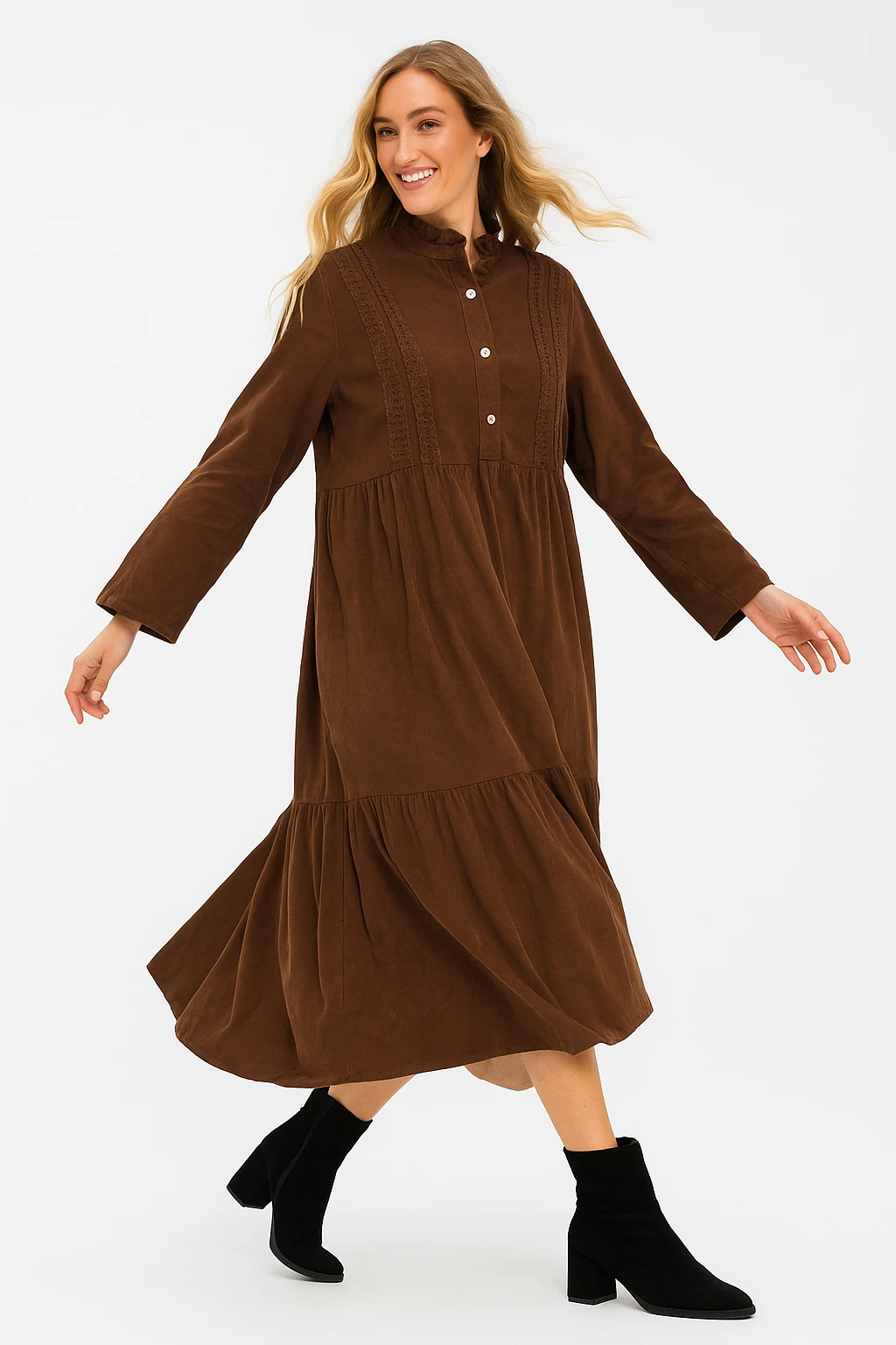 İtalyan Düğme Detaylı Kadife Elbise - KAHVE