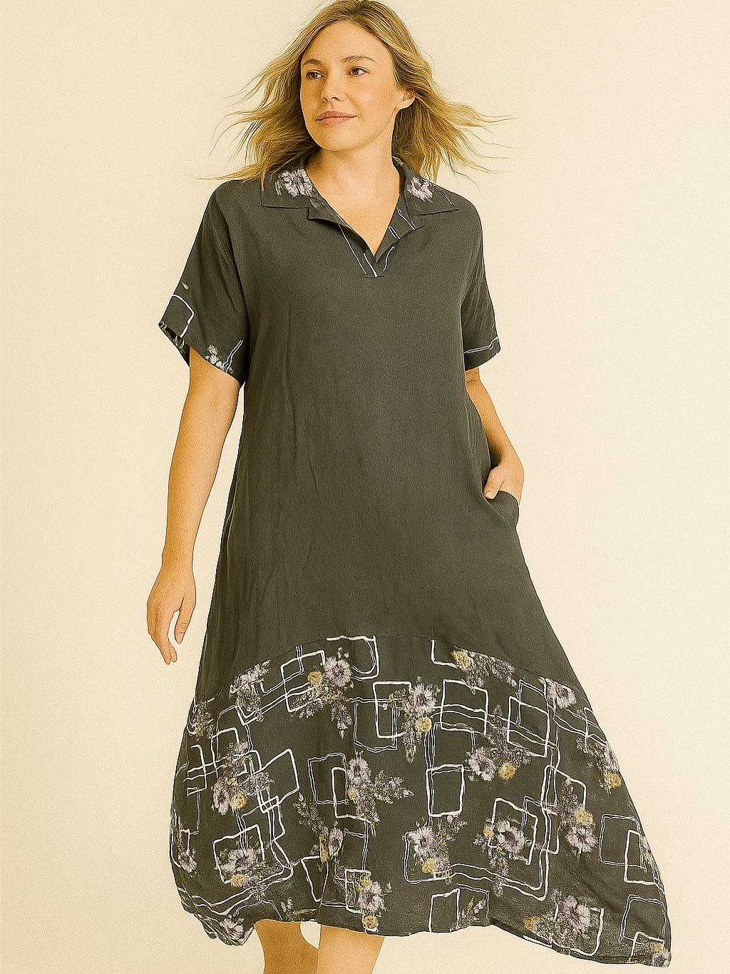 İtalyan Çiçek Desenli Keten Elbise - ANTRASİT