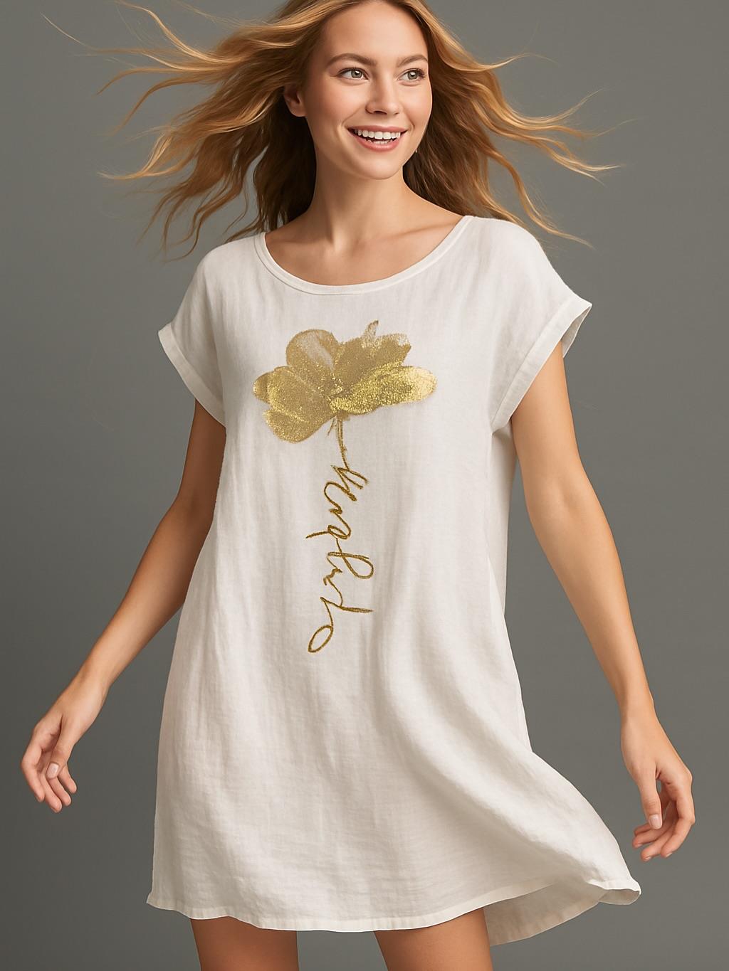 İtalyan Keten Varak Baskılı Elbise - BEYAZ