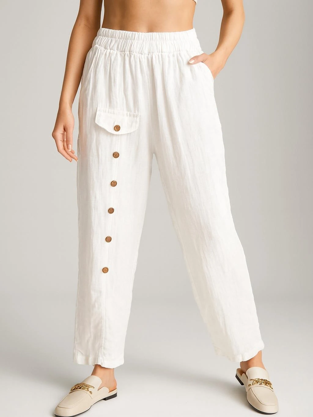 İtalyan Keten Düğme Detaylı Pantolon - BEYAZ