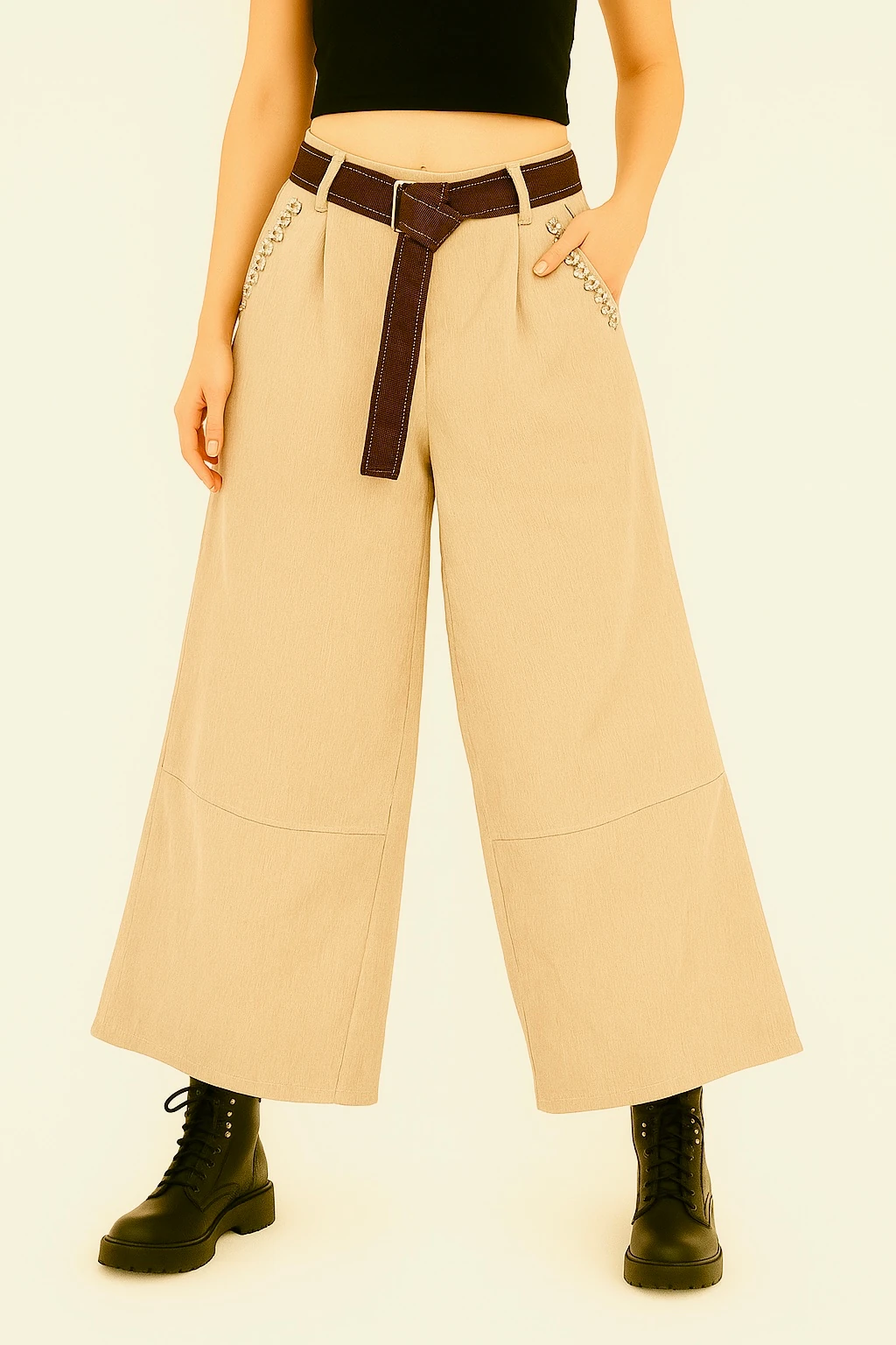 İtalyan Geniş Paça İnce Fitilli Kadife Pantolon - BEJ