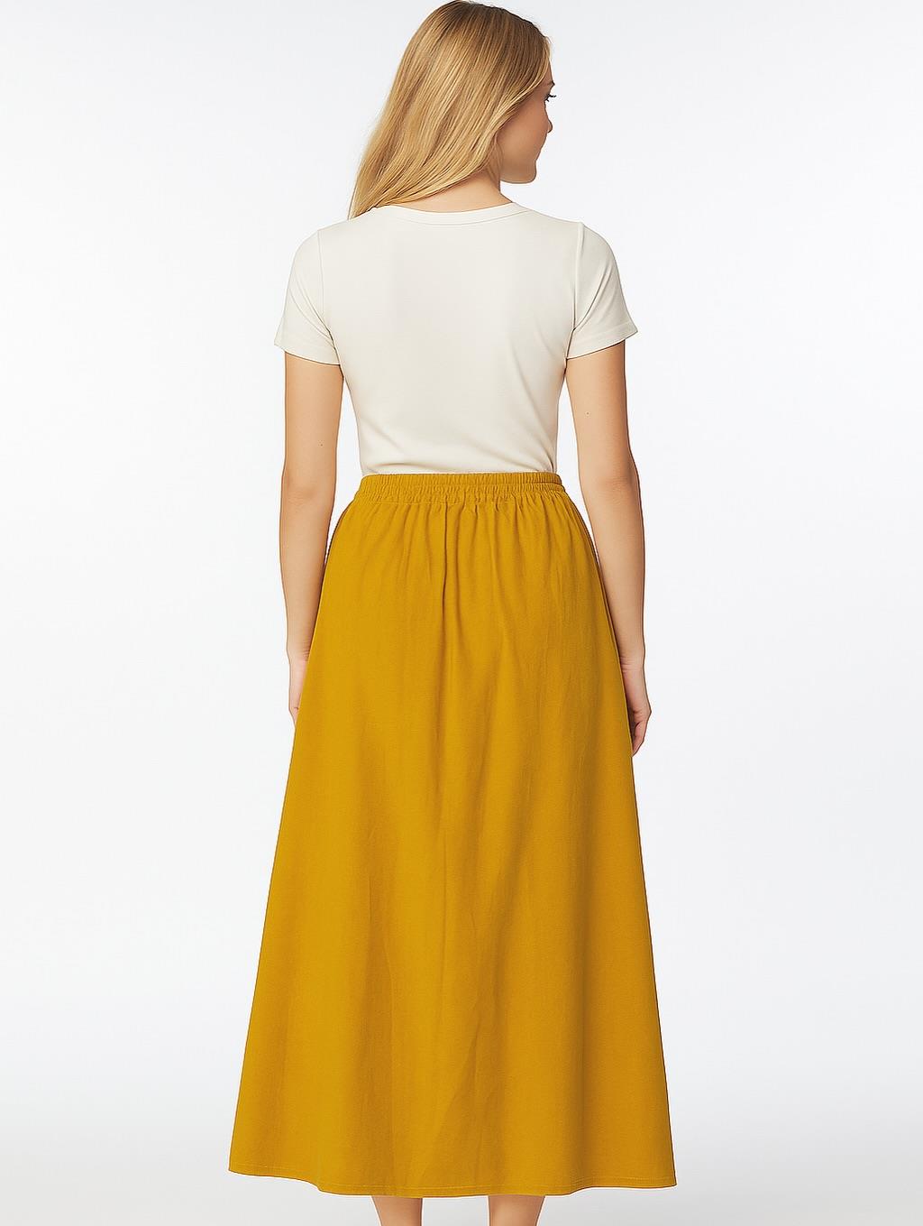 İtalyan Kadife Düğme Detaylı Etek - HARDAL