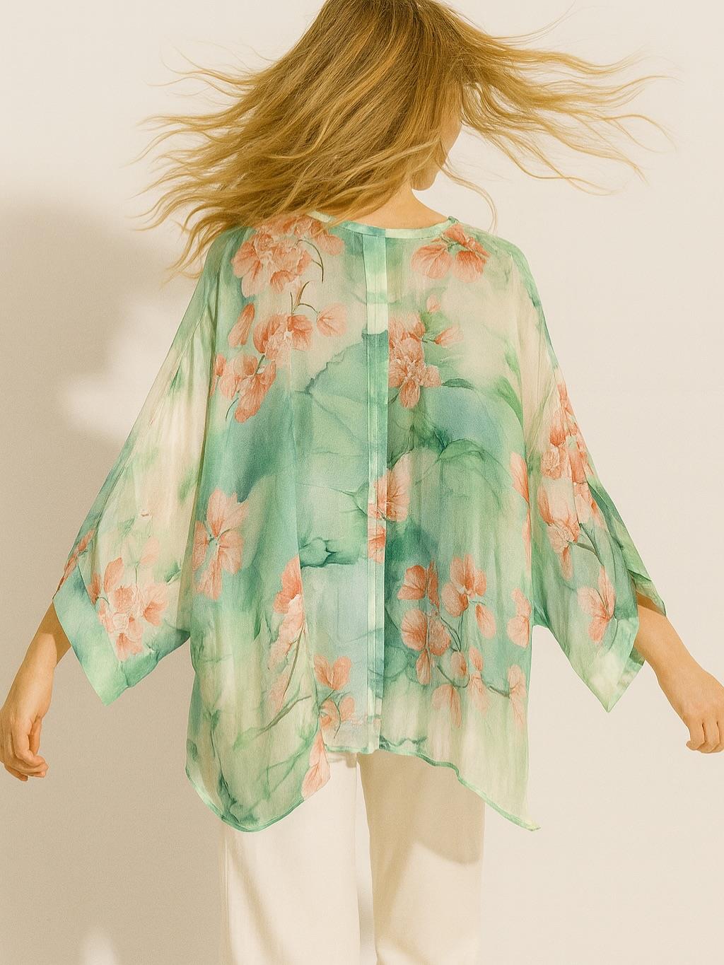 İtalyan Çiçek Desen İpek Bluz - SU YEŞİLİ