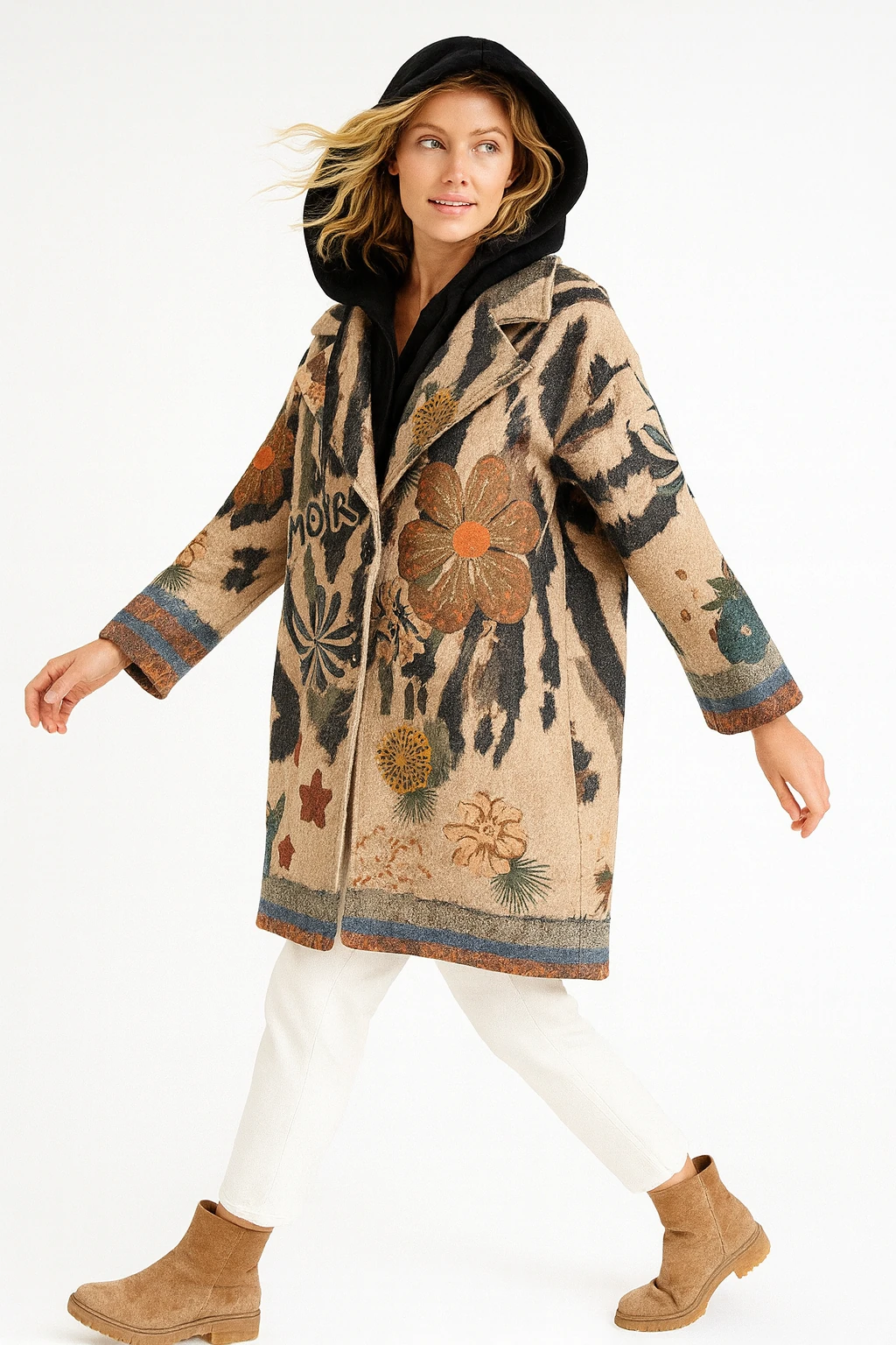 İtalyan Çiçek Desenli Kapüşonlu Keçe Kaban - BEJ