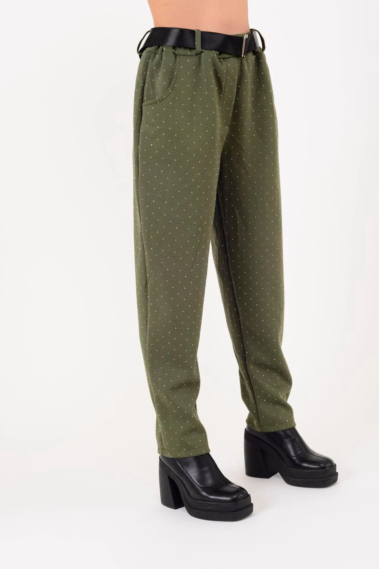 İtalyan Kemer Detaylı Taş İşlemeli Pantolon - HAKİ