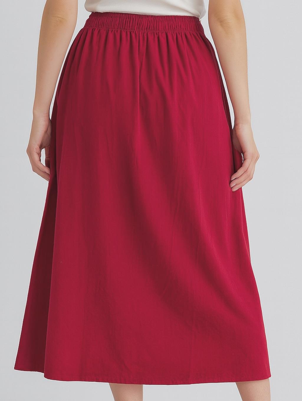 İtalyan Kadife Düğme Detaylı Etek - BORDO
