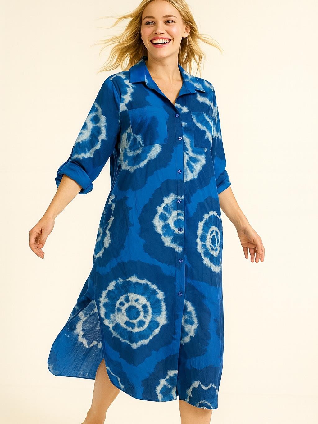 İtalyan Pamuk Dalga Desen Elbise - SAKS MAVİSİ