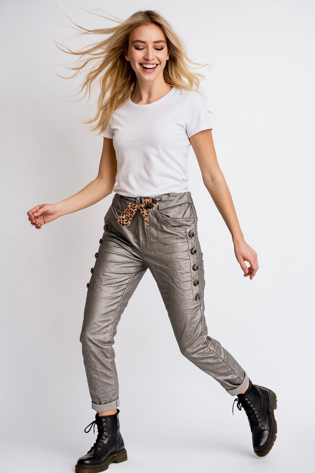 İtalyan Düğme Detaylı Deri Pantolon - GÜMÜŞ