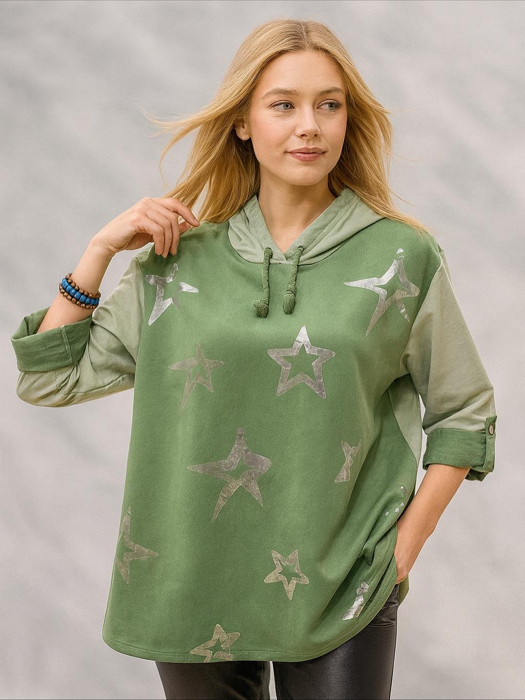 İtalyan Yıldız Desen Nubuk Bluz - YEŞİL