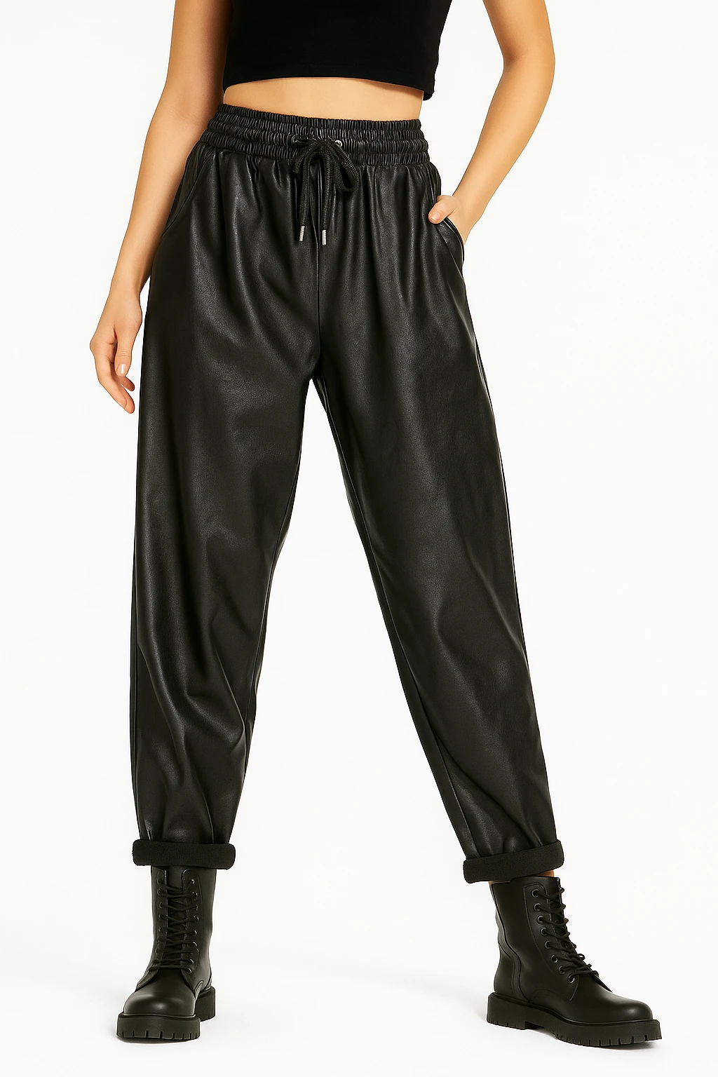 İtalyan Bağlamalı Deri Pantolon - SİYAH